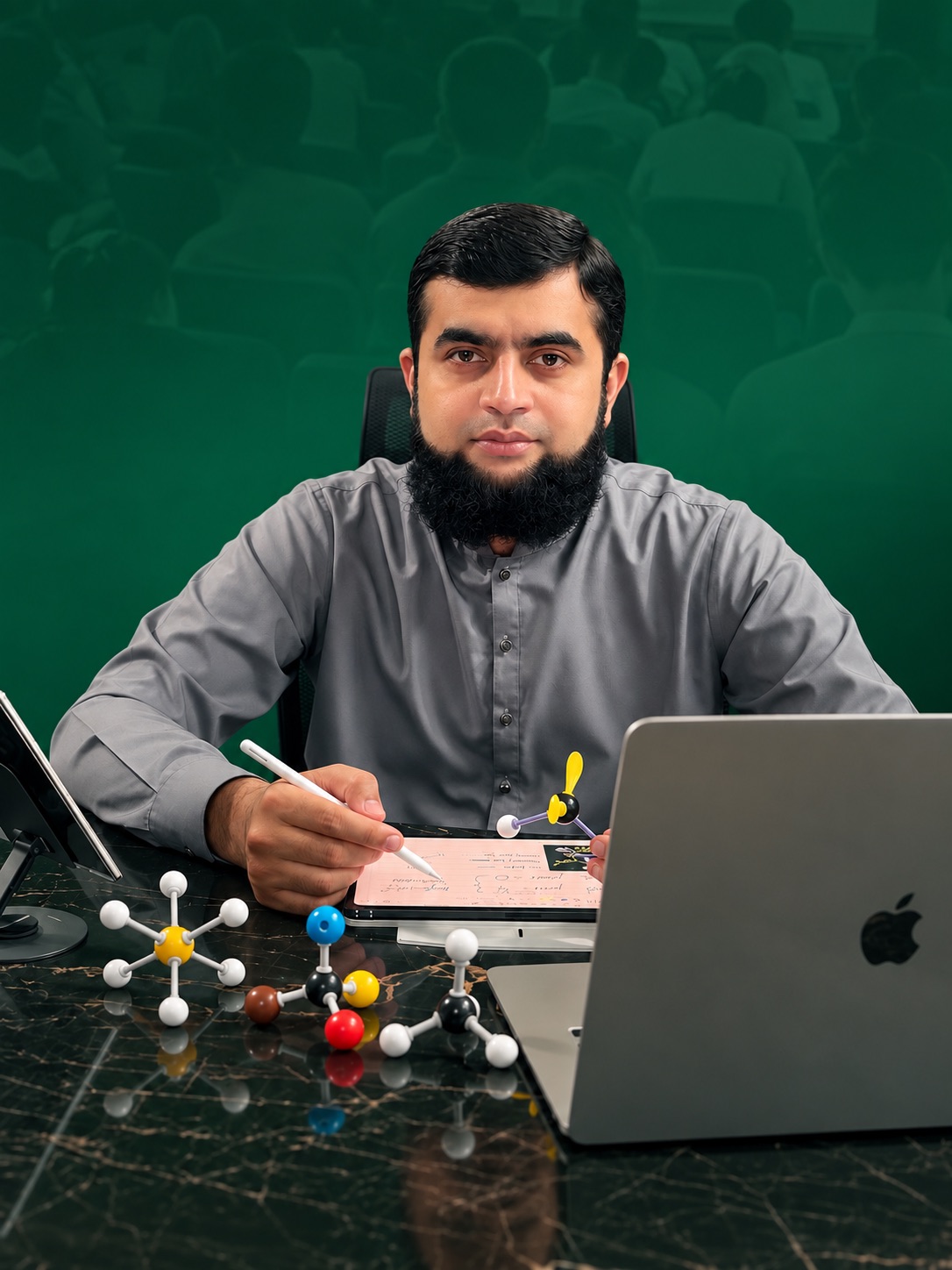 Faizan Saleem, founder of Chembridge, at his desk writing on a tablet beside molecular models